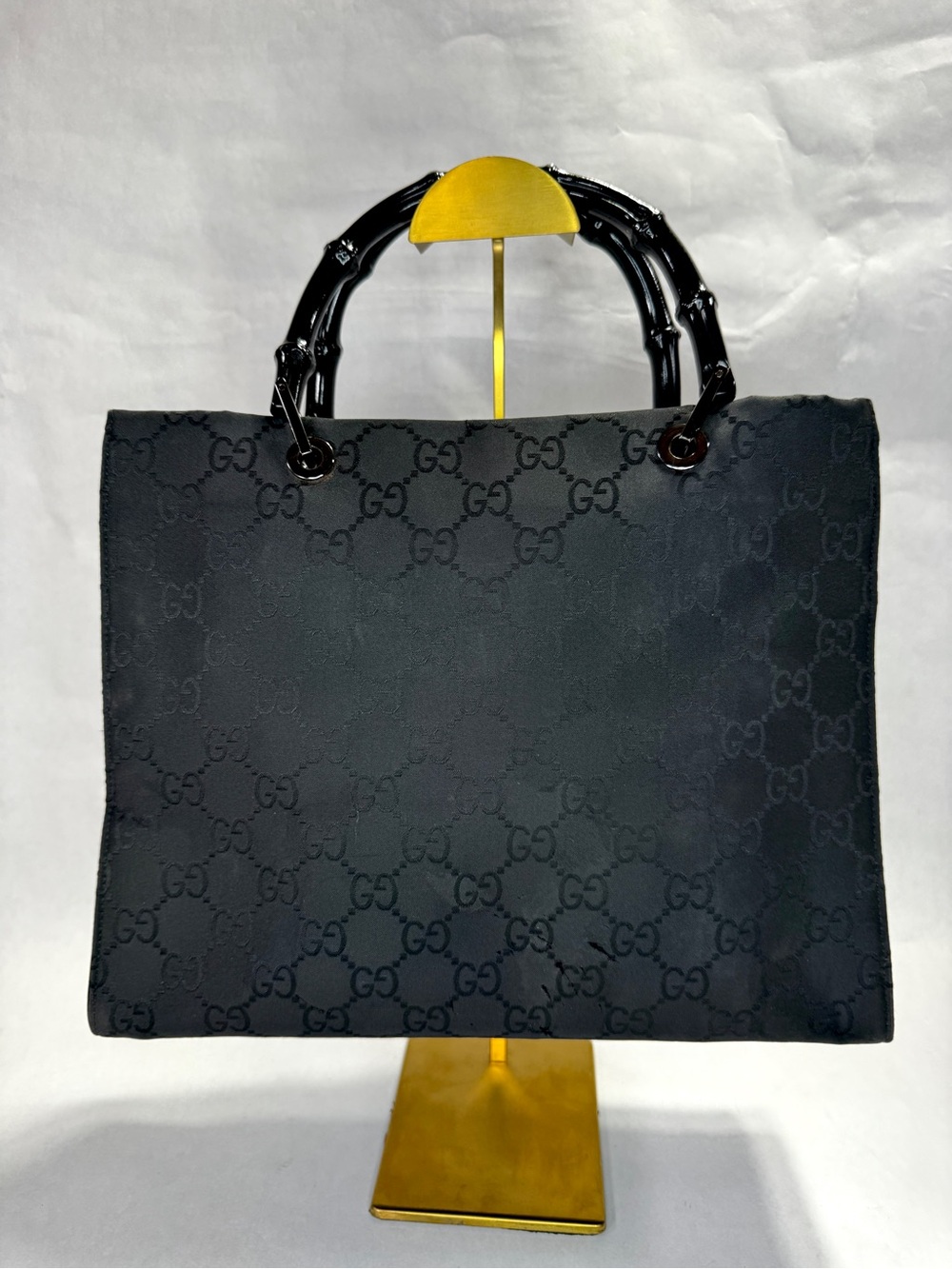 Authentic Vintage Gucci Bamboo Black GG Monogram Tote Bag + COA